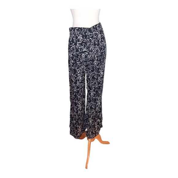 Kirious Palazzo Pants L Black White Floral Wide Leg Slit Elastic Waist Rayon - Picture 2 of 8